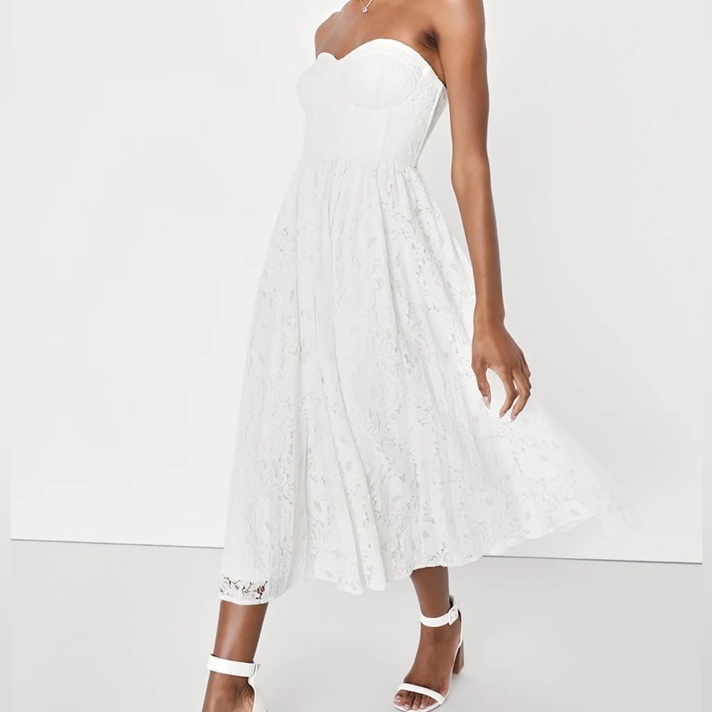 NWT Lulus Exquisite Aura White Lace Strapless Bustier Midi Dress